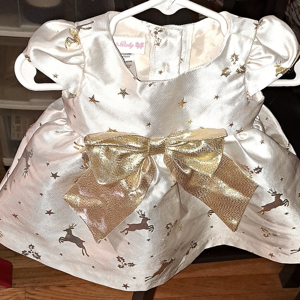 Golden reindeer dress with big bow across waist (3-6 months old)